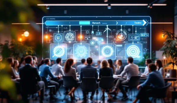 Professionals in een modern kantoor bespreken strategische werving, met een futuristische tijdlijn en iconen op een groot scherm.