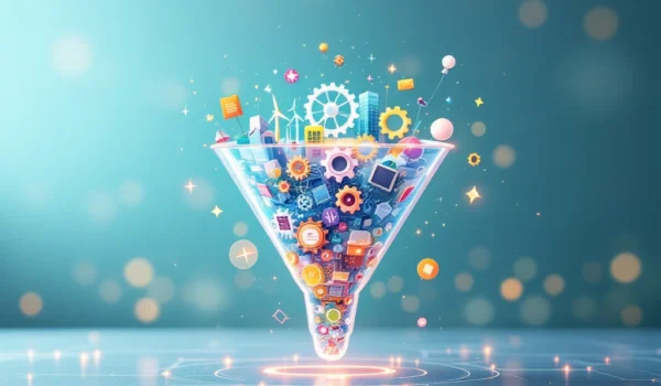 Een fotorealistische afbeelding van een transparante wervingsfunnel met iconen voor IT, hernieuwbare energie en techniek op een blauwe en groene achtergrond.