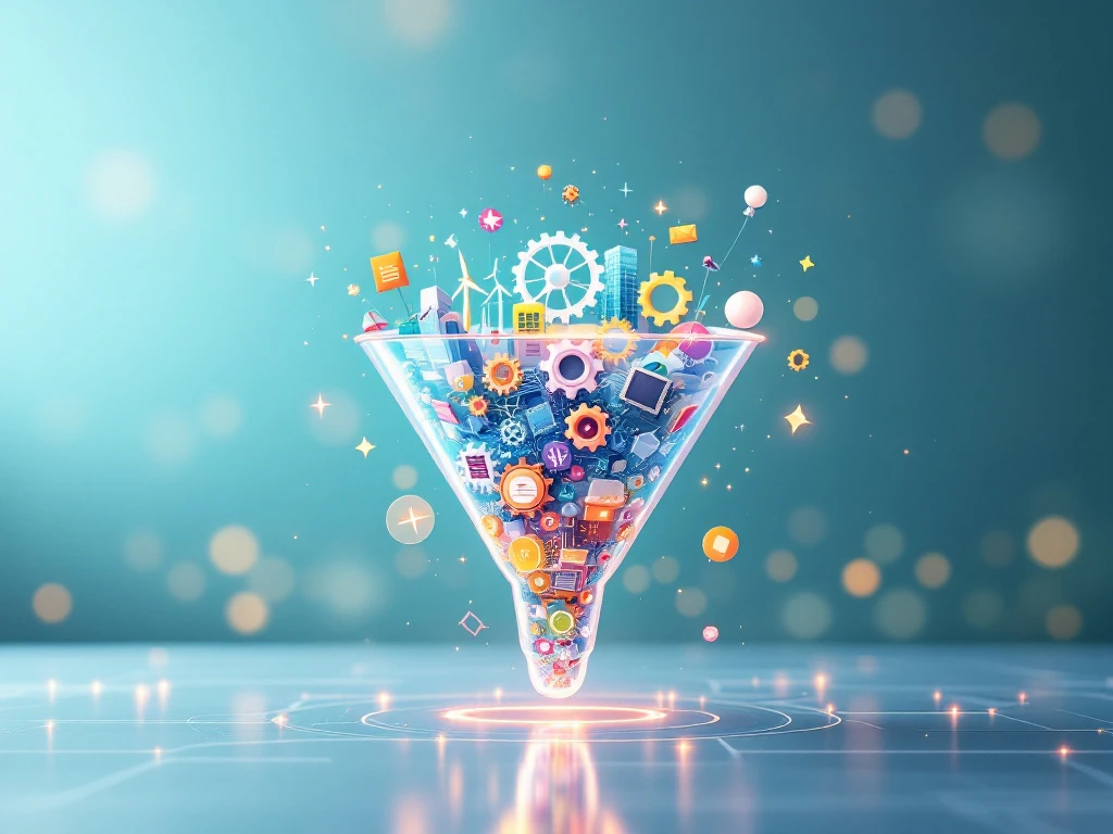 Een fotorealistische afbeelding van een transparante wervingsfunnel met iconen voor IT, hernieuwbare energie en techniek op een blauwe en groene achtergrond.