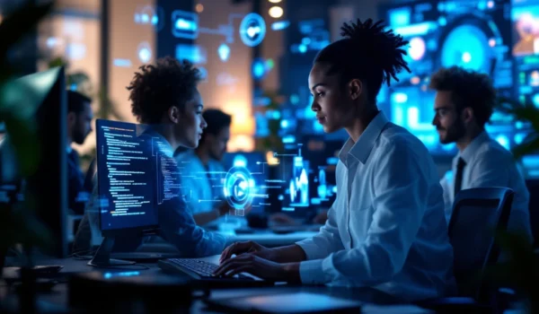 Professionals in een modern kantoor werken aan ICT-taken, met focus op coderen en videoconferentie, omgeven door futuristische technologie.