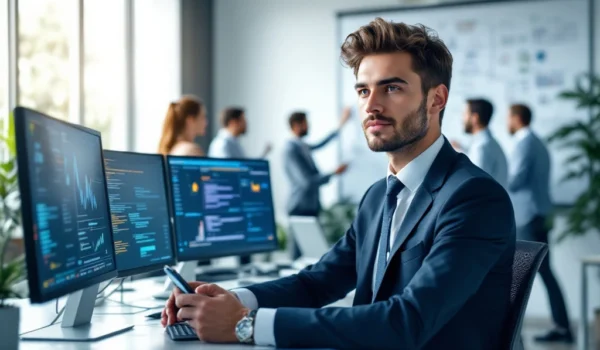 Een moderne kantooromgeving met een ICT-professional aan een bureau met schermen, gadgets, en collega's die samenwerken aan een whiteboard.