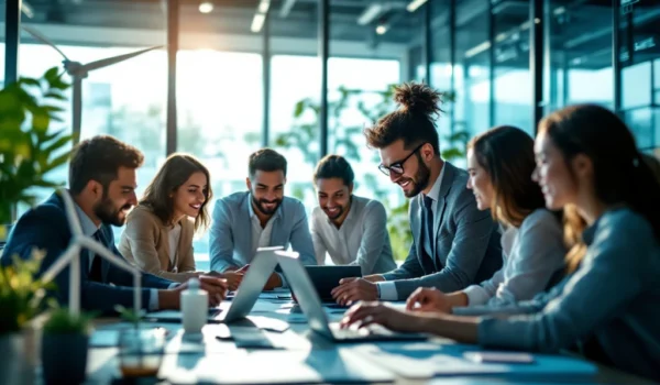 Een divers team overlegt in een modern kantoor met technologie, symboliserend IT-recruitment. Zichtbaar: windturbine, blauwdruk.