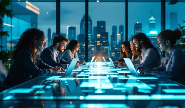 Een moderne kantooromgeving met diverse IT-professionals in overleg, symboliserend de expertise van Search X Recruitment in IT-arbeidsbemiddeling.