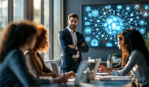 Een diverse groep professionals vergadert in een modern kantoor. Focus op een IT-recruiter omringd door technologie, met accenten van blauw en groen.