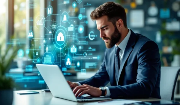 Moderne kantooromgeving met IT-recruiter die data analyseert op laptop, digitale netwerken op scherm, symboliseert innovatie en groei.