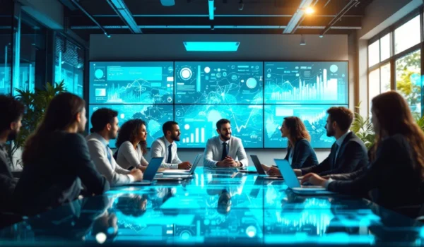 Een diverse groep professionals overlegt aan een glazen tafel in een modern kantoor met schermen die datavisualisaties tonen.