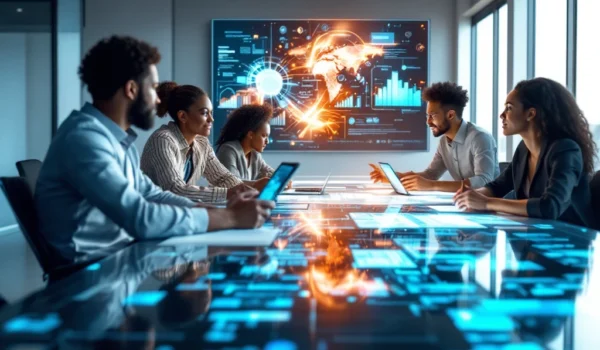 Een diverse groep professionals bespreekt ICT-oplossingen rond een conferentietafel in een modern kantoor met veel natuurlijk licht.