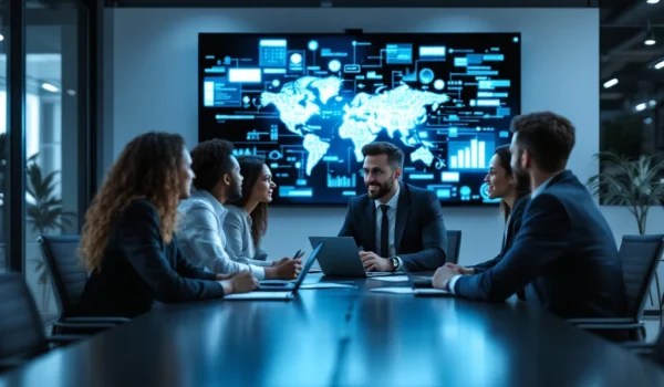 Een diverse groep IT-professionals vergadert rond een moderne tafel, met laptops en data-analyse, tegen een technologische achtergrond.