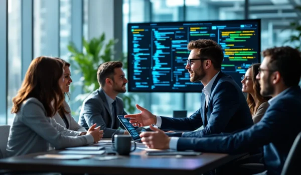 Professionals in moderne kantooromgeving discussiëren rond tafel; IT-recruiter wijst naar scherm met softwarecode. Technologie en samenwerking.