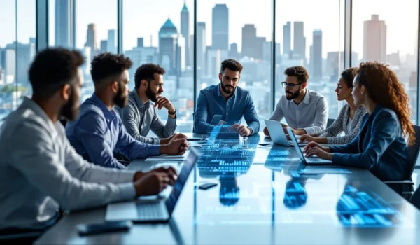 Professionals rond conferentietafel in modern kantoor, bespreken strategieën. Technologie en stadspanorama benadrukken samenwerking.