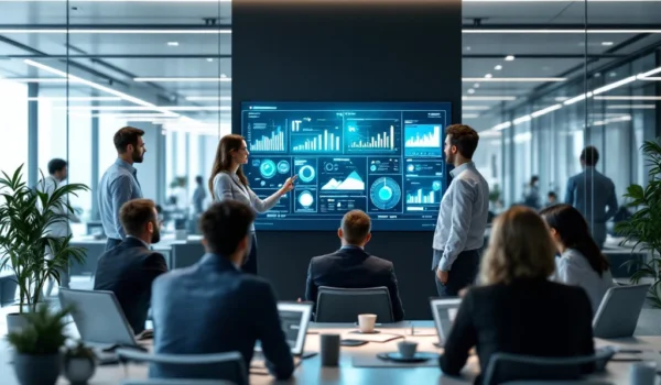 Professionals bespreken IT-recruitment bij een interactief scherm in een modern kantoor met veel licht en een minimalistisch design.