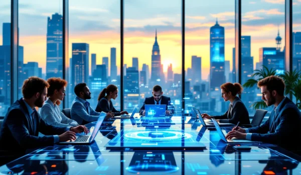 Een modern kantoor met diverse professionals aan een high-tech tafel. Achtergrond: stadszicht. Kleuren: blauw, grijs, groen.