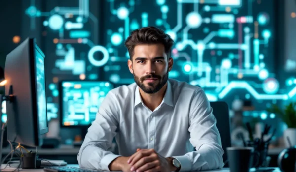 IT-professional in modern kantoor, omringd door technologie, werkt geconcentreerd. Blauw-groene tinten symboliseren expertise en groei.