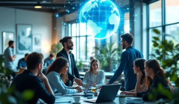 Moderne kantooromgeving met diverse professionals rond een tafel, grote ramen, kunst en een hologram van een digitale wereldbol.