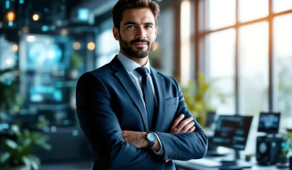 IT-specialist in modern kantoor met digitale elementen, groene en blauwe accenten, benadrukt technologie en innovatie van Search X Recruitment.