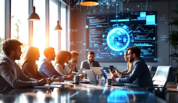 Een moderne kantooromgeving met diverse IT-professionals rond een tafel, omgeven door technologie en natuurlijke verlichting.
