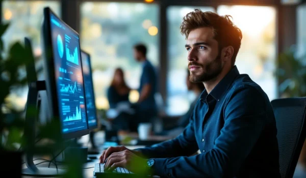 ICT-professional werkt geconcentreerd aan data-analyse in een modern kantoor met meerdere schermen; hint naar de duurzame energiesector.