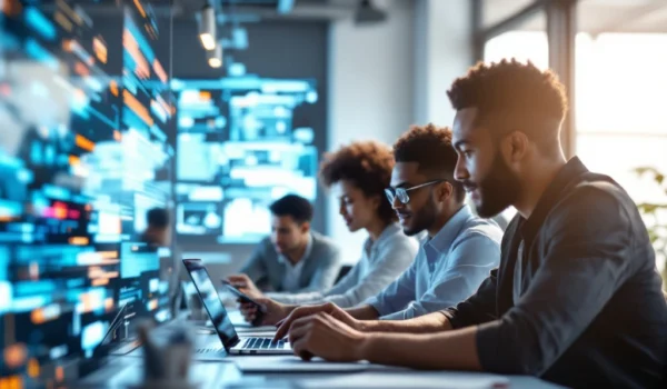 Een diverse groep jonge professionals in een moderne klas, bezig met laptops en tablets, symboliseert ICT-vaardigheden en samenwerking.