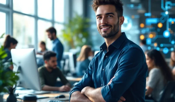 Moderne kantooromgeving met diverse IT-professionals. Recruiter van Search X Recruitment praat met kandidaat. Blauwe en groene tinten.