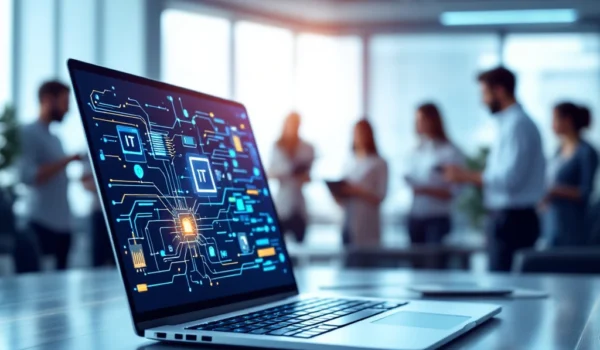 Een modern kantoor met een high-tech werkplek en diverse professionals die samenwerken, symbol