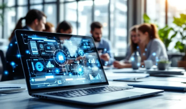 Een modern kantoor met professionals die samenwerken rond een tafel. Vooraan staan een laptop en tablet met digitale schema's.