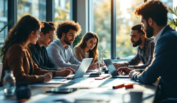 Een diverse groep professionals vergadert in een modern kantoor over recruitmentstrategieën, omringd door symbolen van IT en duurzame energie.