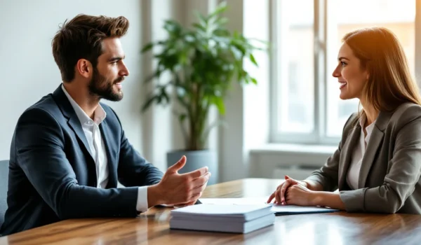 Twee professionals in gesprek in een moderne kantoorruimte met veel licht, een houten tafel en planten, wat samenwerking en duurzaamheid uitstraalt.