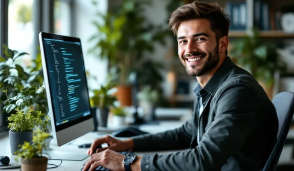 IT-professional codet in modern kantoor met gadgets en planten, straalt vertrouwen en expertise uit, passend bij Search X Recruitment.