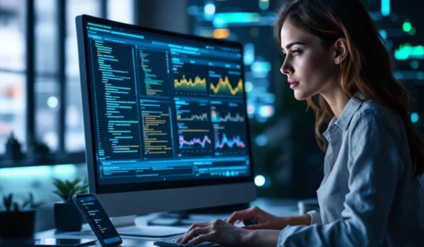 Vrouwelijke IT-professional werkt gefocust aan computer met data en code. Modern kantoor; technologie en innovatie benadrukt.