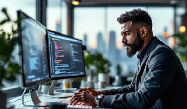 IT-professional werkt gefocust in modern kantoor met schermen vol code. Natuurlijk licht en stadssilhouet op achtergrond.