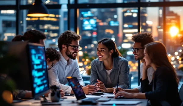 Een diverse groep IT-professionals overlegt in een modern kantoor met geavanceerde technologie en uitzicht op een bruisende stad.