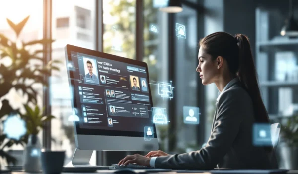 Recruiter in modern kantoor leest IT-profielen op scherm, omringd door holografische IT-iconen, in een licht en minimalistisch interieur.