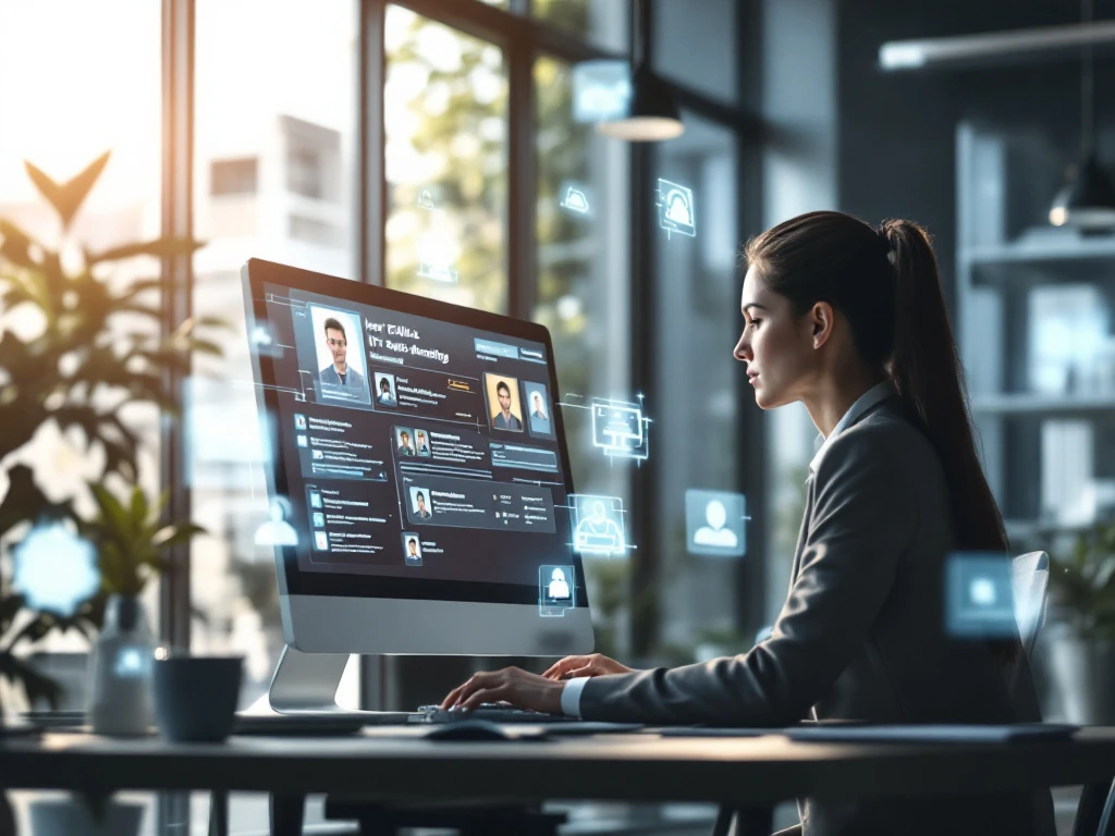 Recruiter in modern kantoor leest IT-profielen op scherm, omringd door holografische IT-iconen, in een licht en minimalistisch interieur.