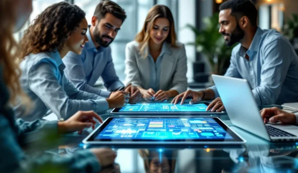 Professionals in een moderne kantooromgeving brainstormen rond een tablet met een infographic over top IT-vaardigheden.