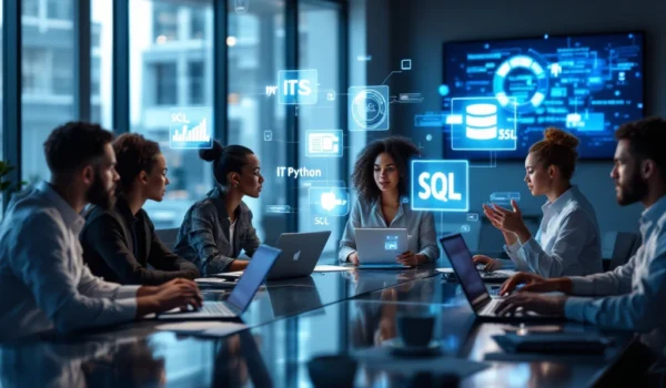 Divers team rond glazen tafel met laptops en hologrammen van Python en SQL, in modern kantoor met natuurlijke verlichting.