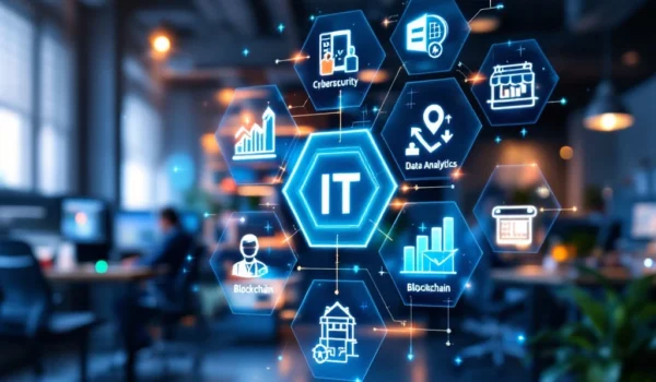 Dynamische scène toont IT-vaardigheden in diverse sectoren met holografische iconen, moderne kantooromgeving en warme kleuren.