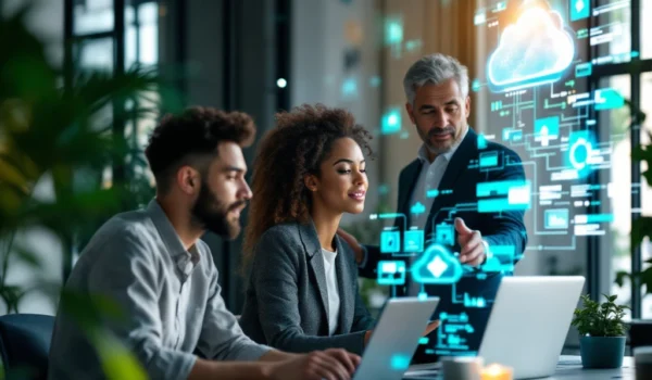 Een divers team van IT-specialisten in een modern kantoor werkt samen met laptops en hologrammen, symboliserend groei en expertise.