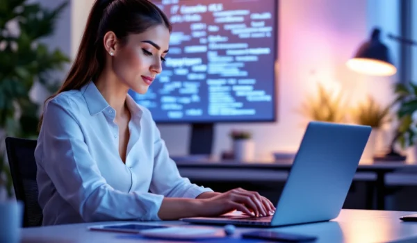 Een professionele vrouw werkt geconcentreerd op haar laptop in een modern kantoor, omringd door tech-elementen die haar IT-vaardigheden benadrukken.