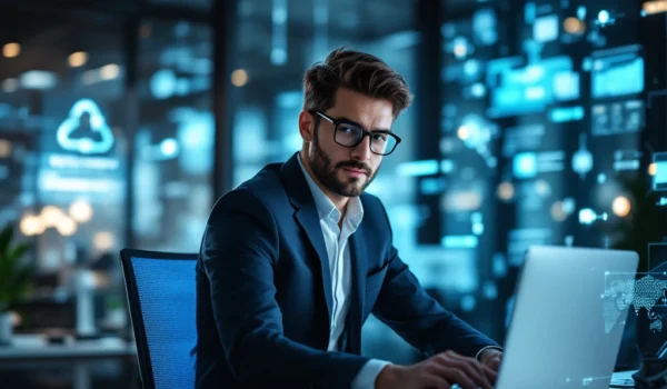 Een professional werkt in een modern kantoor met geavanceerde technologie, symboliserend IT-vaardigheden en innovatie bij Search X Recruitment.