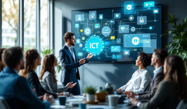 Een recruitment adviseur presenteert IT/ICT carrièremogelijkheden aan diverse kandidaten in een modern kantoor met interactieve display.