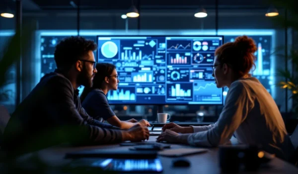 IT-professionals werken samen in een modern kantoor, verlicht door zacht licht, met een groot scherm vol datavisualisaties.