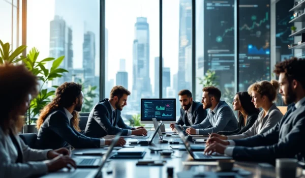 Een diverse groep professionals brainstormt in een modern kantoor met tech gadgets; stad op de achtergrond, symboliseert innovatie.