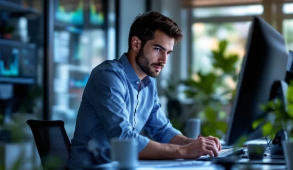 IT-professional in modern kantoor met monitors, analyserend data. Koele kleuren en groene accenten tonen innovatie en duurzaamheid.