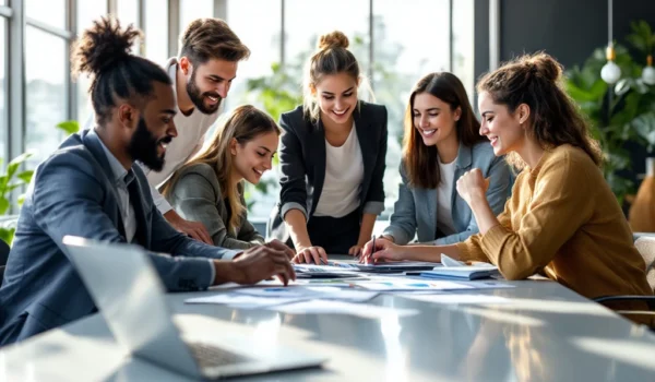 Een divers team werkt samen in een modern kantoor met veel licht. Een laptop toont grafieken. De ruimte weerspiegelt innovatie en duurzaamheid.