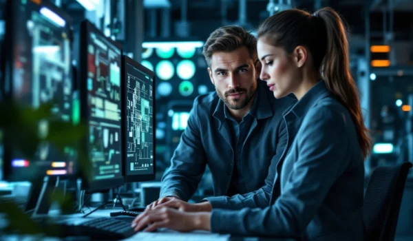 Twee ingenieurs werken samen in een moderne ruimte vol technologie en schermen, symbool voor innovatie en duurzame energie.