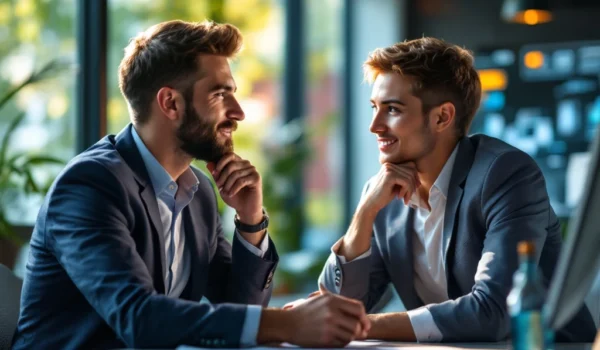 IT-recruiter van Search X Recruitment in gesprek met kandidaat in modern kantoor met computers, cv en IT-gerelateerde graphics.