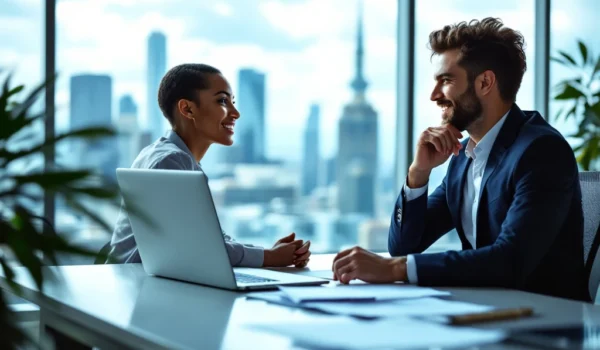 Een IT-recruiter en kandidaat in gesprek in een modern kantoor met stadspanorama, symboliserend carrièremogelijkheden in de IT-sector.
