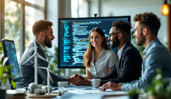 Professionals in een modern kantoor bespreken IT en duurzaamheid, met code op een scherm en duurzame elementen zoals een windturbine.