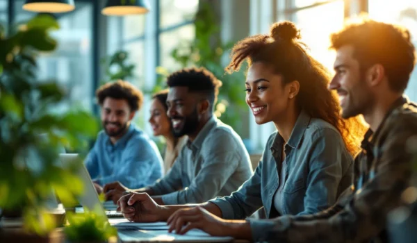 Een diverse groep jonge professionals werkt samen in een modern kantoor, met een focus op IT-recruitment en innovatie, in een warme sfeer.