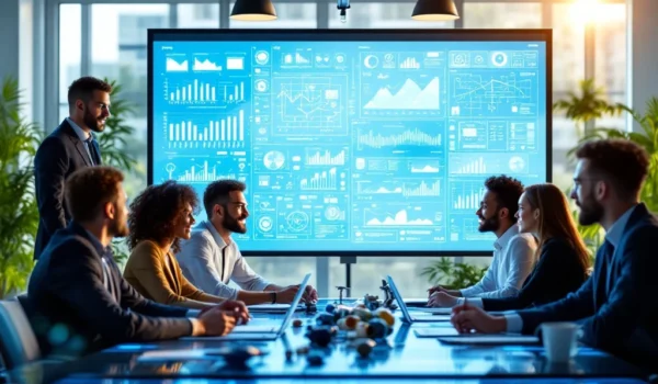Een diverse IT-groep werkt samen in een modern kantoor, omgeven door tech en duurzame elementen, met schermen vol data en netwerkdiagrammen.